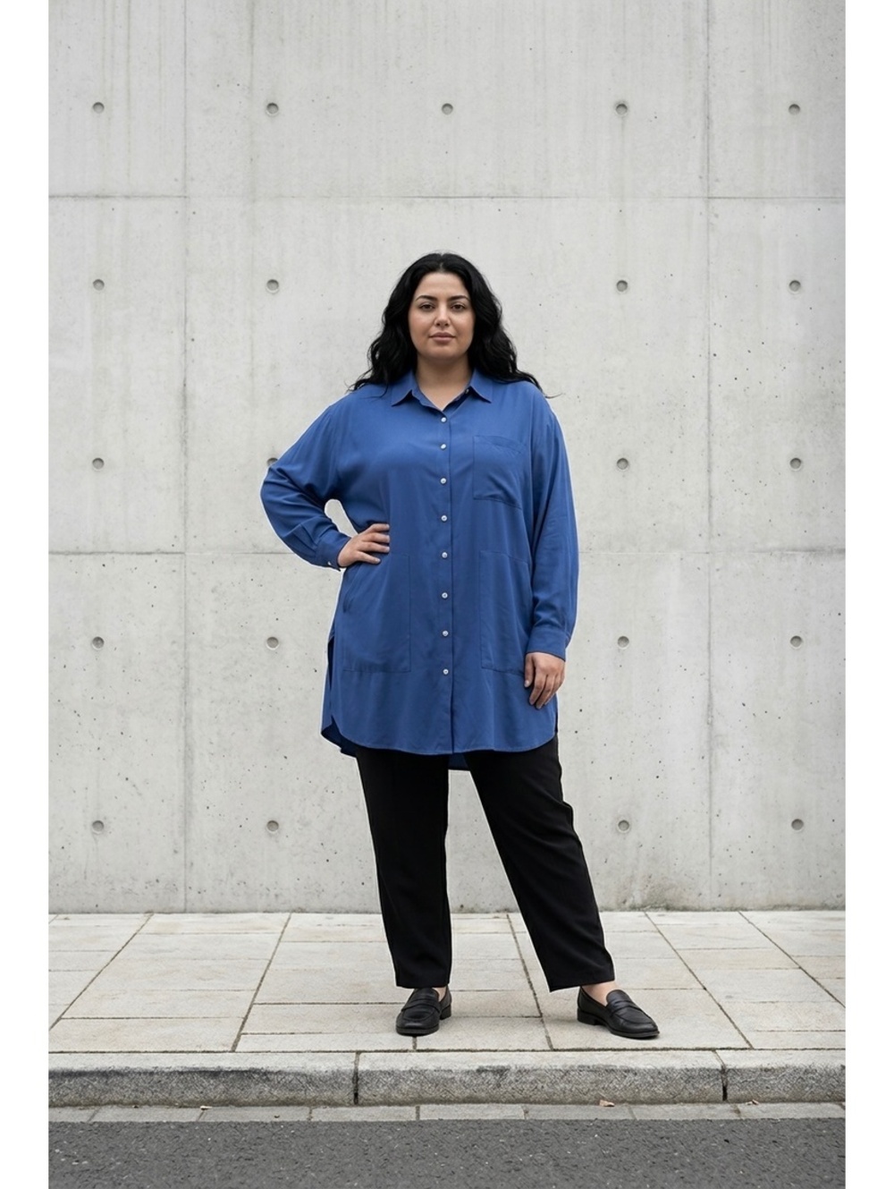 Roaman's Plus Size 24W Blue Rayon Button-Up Tunic with Pockets